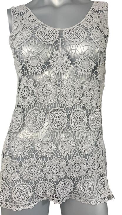 Solitaire by Ravi Khosla Tops - Solitaire Gray Crochet Women’s Top Tank See Through Small Boho Hippy Festival